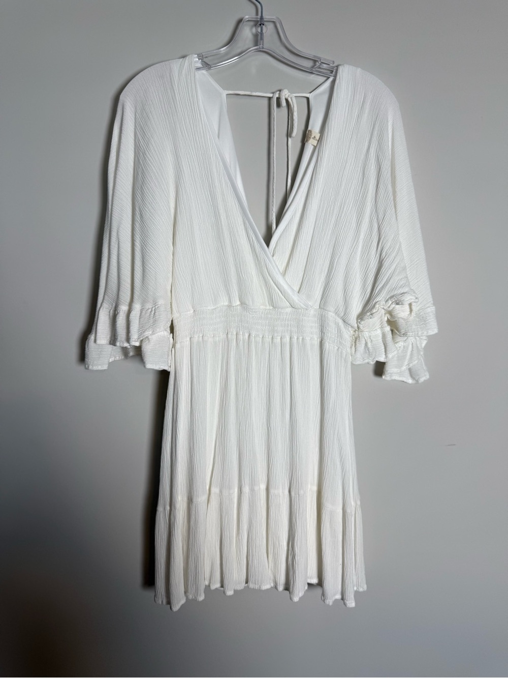 Altar'd State White Crinkle Tie-Back Mini Dress Bell Sleeves Flowy Boho L